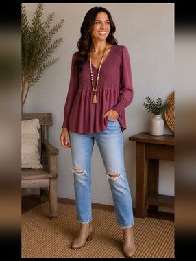 Torrid Mauve Long Sleeve V-Neck Blouse